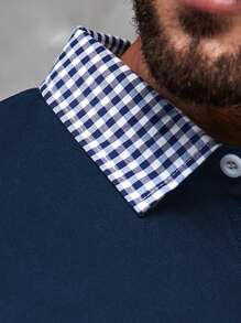 Manfinity Homme 男士撞色格子领 Polo 衫，男士海军蓝色 Polo 衫，男士深蓝色 Polo 衫，男士海军蓝色衬衫 - 藏蓝色 - 查看 3