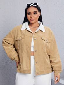 SHEIN EZwear Plus Flap Pocket Drop Shoulder Borg Collar Corduroy Jacket In Fall/Winter - Khaki - View 6