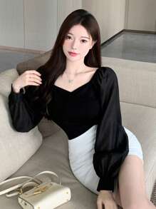 DAZY 纯色甜心领口灯笼袖短款上衣，秋季服装长袖女式上衣 - 黑色 - 查看 4