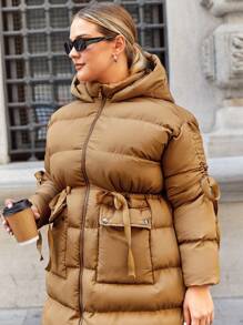 RueChic Plus Drawstring Waist Hooded Puffer Coat - Camel - View 4