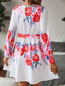 SHEIN Clasi 印花繫腰帶洋裝 - 白色 - 查看 2