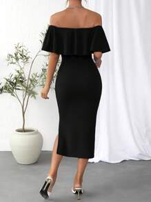 Firerie Off Shoulder Ruffle Trim Split Hem Bodycon Dress