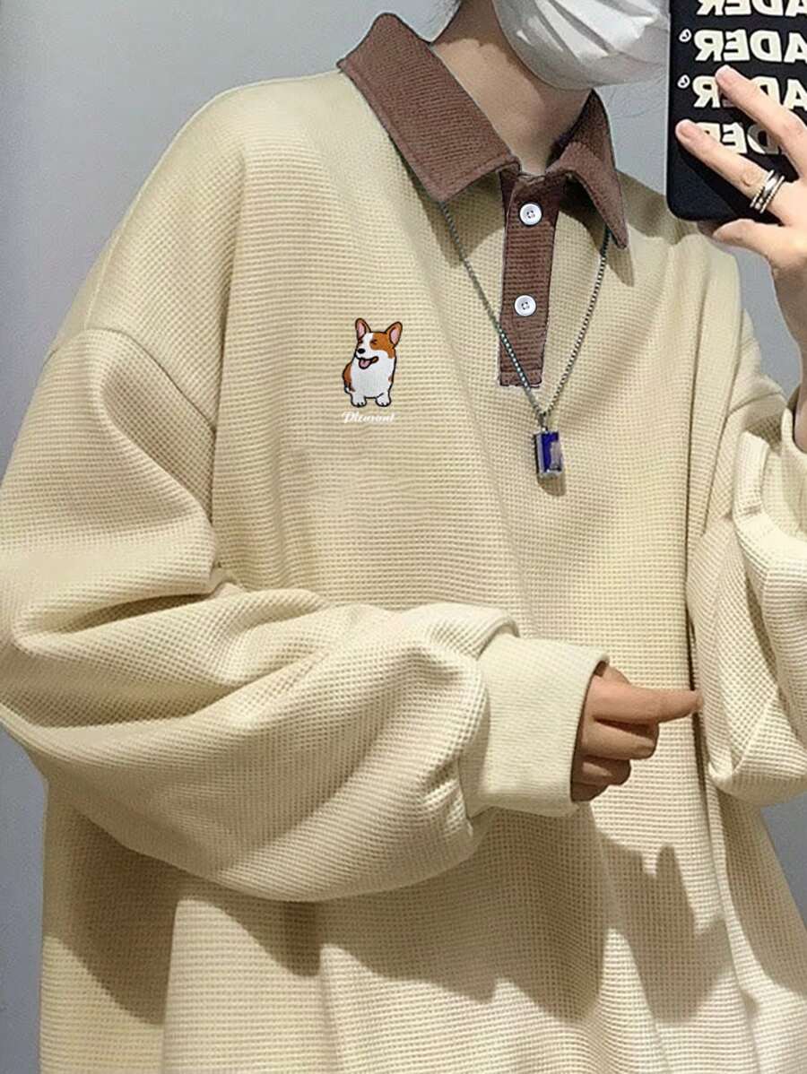 Manfinity Hypemode Men Cartoon Embroidery Polo Neck Drop Shoulder Oversize Sweatshirt - Apricot - View 1