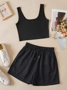 INAWLY Bộ đồ hai mảnh nữ Dây kéo Túi màu trơn Giải trí - màu đen - Xem 1