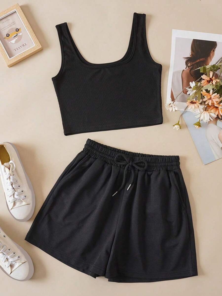 INAWLY Bộ đồ hai mảnh nữ Dây kéo Túi màu trơn Giải trí - màu đen - Xem 1