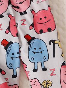 Tween女孩漫畫圖形對比拼接短t和褲子,貼身睡衣套裝 - 淺灰色 - 查看 6