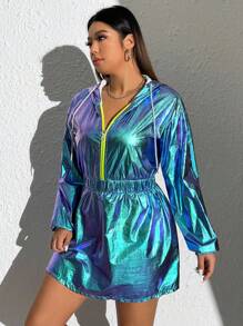 SHEIN ICON 大碼鐳射抽繩落肩袖連帽洋裝 - 彩色 - 查看 3