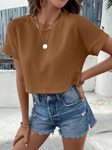 SHEIN VCAY Solid Batwing Sleeve Crop Tee - Coffee Brown - View 3