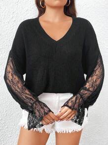 Calvaya Talla grande Jersey con encaje en contraste de manga con volante tejido de canalé de hombros caídos - Negro - Ver 3