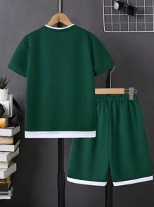 SHEIN Tween Boy Letter Patched Contrast Trim Tee & Shorts, School, Campus, College - Army Green - View 2