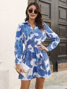 佩斯利印花襯衫洋裝