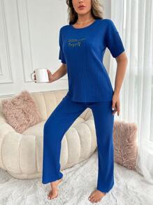 RueChic Slogan Graphic Rib-Knit Lounge Set - Royal Blue - View 5