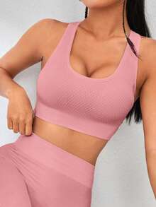 Seamless High Stretch Racer Back Sports Bra - Watermelon Pink - View 3