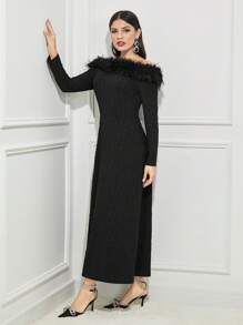 Modelyn Off Shoulder Fuzzy Trim Glitter Dress Without Belt - Black - View 3