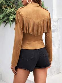 SHEIN VCAY Fringe Trim Zip Up PU Leather Moto Jacket - Camel - View 2