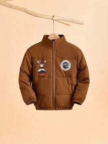 SHEIN Tween Boy Cartoon Graphic Padded Coat - Brown - View 4