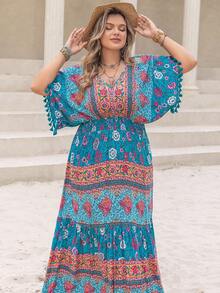 Rusttydustty Hơn In hoa áo tay bướm Xù Hoa Sen Đầm - Màu xanh lam - Xem 4