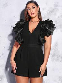 SHEIN BAE Plus Ruffle Trim Zip Back Romper - Black - View 4