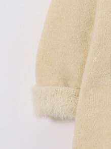 SHEIN Baby Girl Contrast Teddy Hooded Button Up Fuzzy Trim Cardigan - Beige - View 3