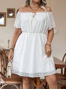 Calvaya Hơn Off Shoulder Nút phía trước Ren Đầm - trắng - Xem 7