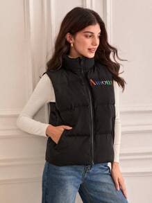 SHEIN Frenchy Letter Embroidery Zip Up Vest Padded Coat Winter Black - Black - View 4