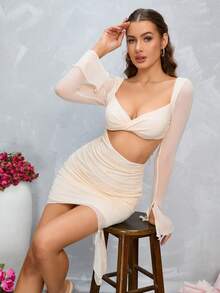 PARTHEA Twist Front Cut Out Flounce Sleeve Ruched Mesh Bodycon Dress - Beige - View 7