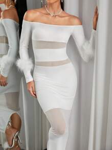 Zolique Off Shoulder Fuzzy Cuff Mesh Insert Dress Maxi Women Outfit - White - View 5