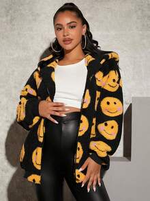 SHEIN 孕婦卡通臉圖案落肩袖絨毛外套 - 彩色 - 查看 5