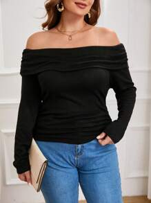 SHEIN Essnce Plus Off Shoulder Foldover Ruched Tee - Black - View 4