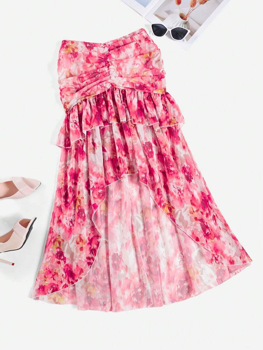 SHEIN VCAY 滿版印花褶邊荷葉邊半身裙 - 彩色 - 查看 1