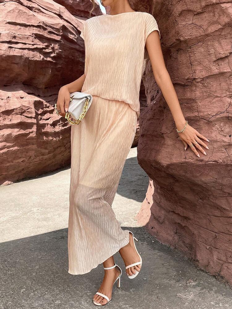 Solid Batwing Sleeve Blouse & Skirt