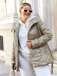 RueChic Plus Solid Slant Pocket Belted Quilted Coat - Olive Green - View 6