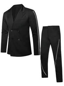 Manfinity Mode Men Contrast Piping Double Breasted Blazer & Suit Pants - Black - View 3