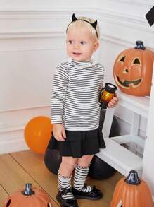 SHEIN 女嬰條紋印花荷葉邊T恤 - 黑與白 - 查看 4