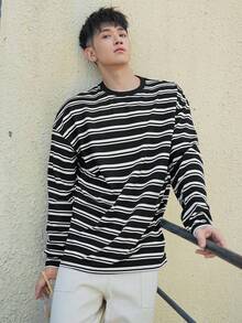 DAZY Men Striped Print Drop Shoulder Tee - Black and White - View 4