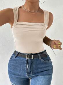 Calvaya Hơn Xù Cổ vuông Áo ba lỗ - Màu be - Xem 6