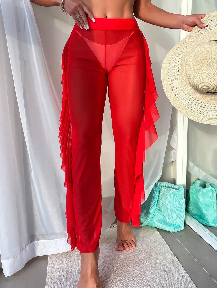 Swim Vcay Quần dài lưới mỏng viền bèo nhún màu trơn 2025, kỳ nghỉ ở bãi biển - Đỏ - Xem 1