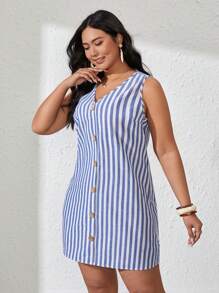 SHEIN VCAY 大碼條紋印花前紐扣洋裝