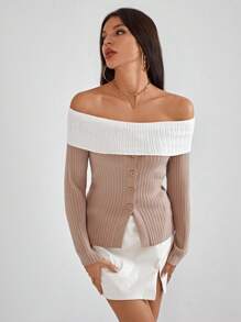 SHEIN Privé Off Shoulder Foldover Off Shoulder Ribbed Knit Sweater