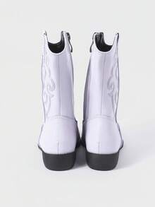 女孩刺繡細節拉鍊側面英倫風靴子牛仔靴，適用於戶外 - 紫色 - 查看 5