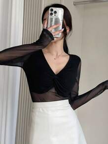 DAZY Mặt trước xoắn Lưới Áo - màu đen - Xem 1