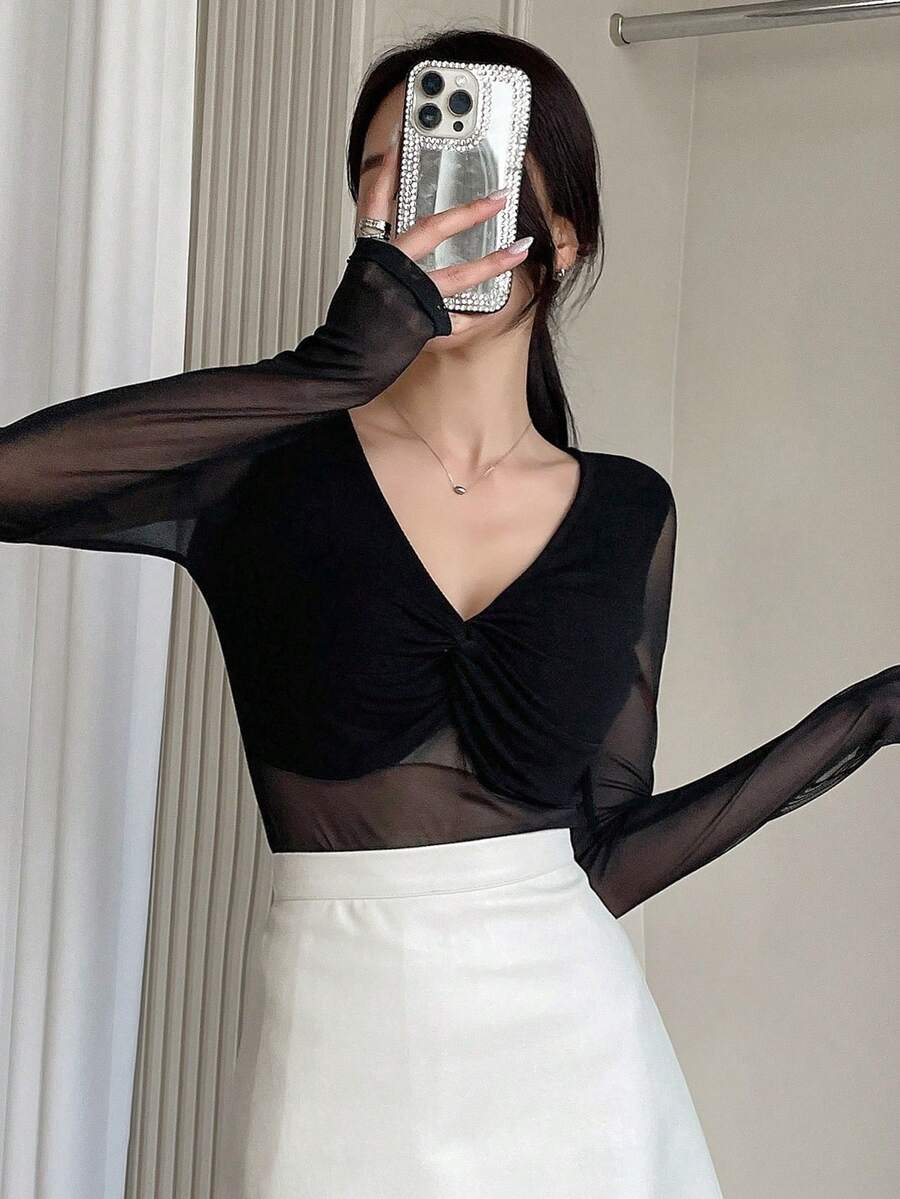 DAZY Mặt trước xoắn Lưới Áo - màu đen - Xem 1