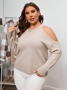 SHEIN Clasi Hơn Vai lạnh Xoắn Dan Áo len - Màu be - Xem 3