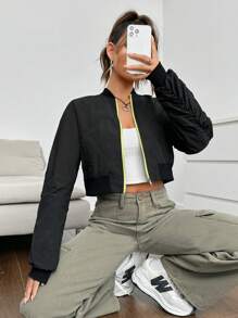 SHEIN EZwear Zip Up Crop Bomber Jacket - Black - View 5