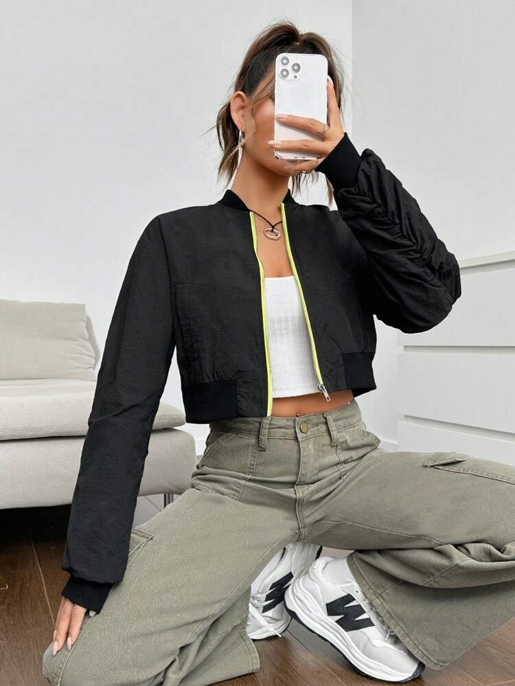 Zip Up Crop Bomber Jacket