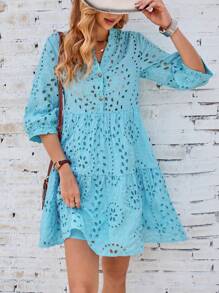 GENKIRA Eyelet Embroidery Button Front Smock Dress Vacation Outfits Woman  - Blue - View 4