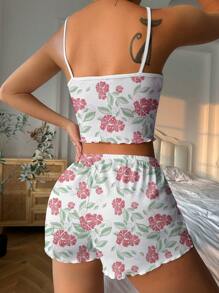 Floral Print Lettuce Trim Cami Top & Shorts PJ Set / Pajama Set - Multicolor - View 2