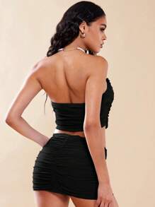 SHEIN BAE Ruched Mesh Tube Top & Bodycon Skirt - Black - View 2