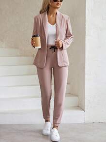 Miaspire Conjunto de 2 piezas de mujer con cárdigan de solapa texturizada y pantalones anchos con cintura elástica y cordón, para otoño/invierno - Rosa vieja - Ver 4