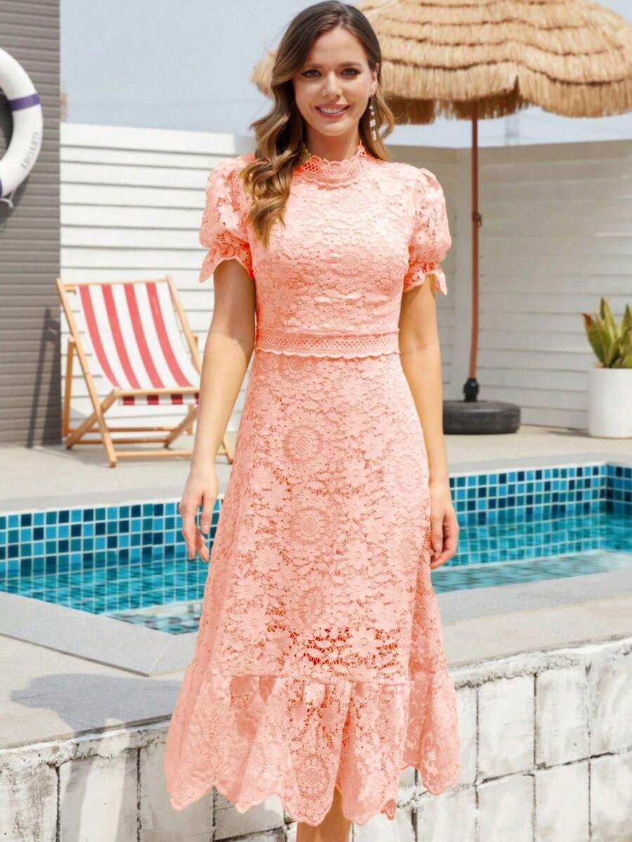 Vestido de manga farol bajo con fruncido con encaje - Rosa - Ver 1